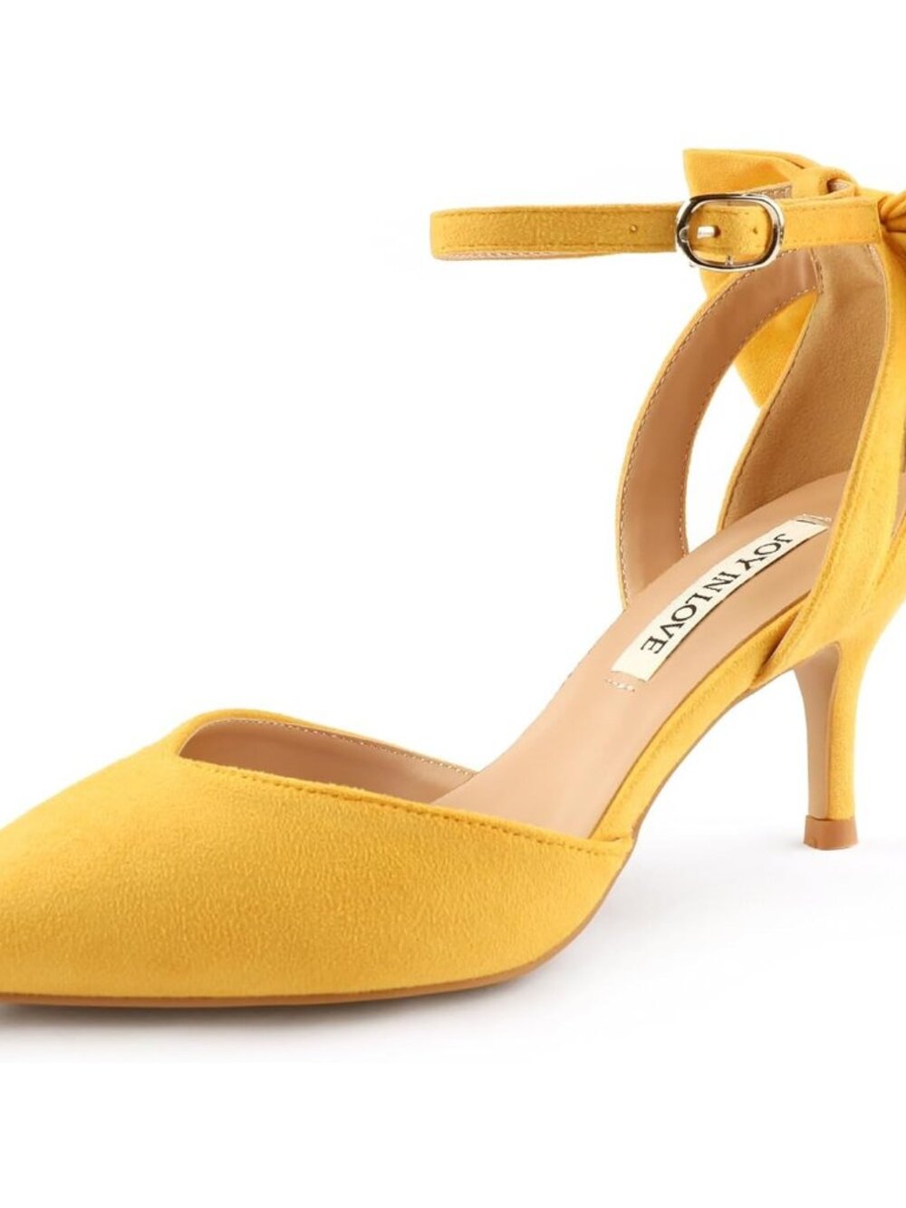 Women's Yellow Pumps Kitten Bow Heels Closed Pointed Toe Sandals Ankle Strap